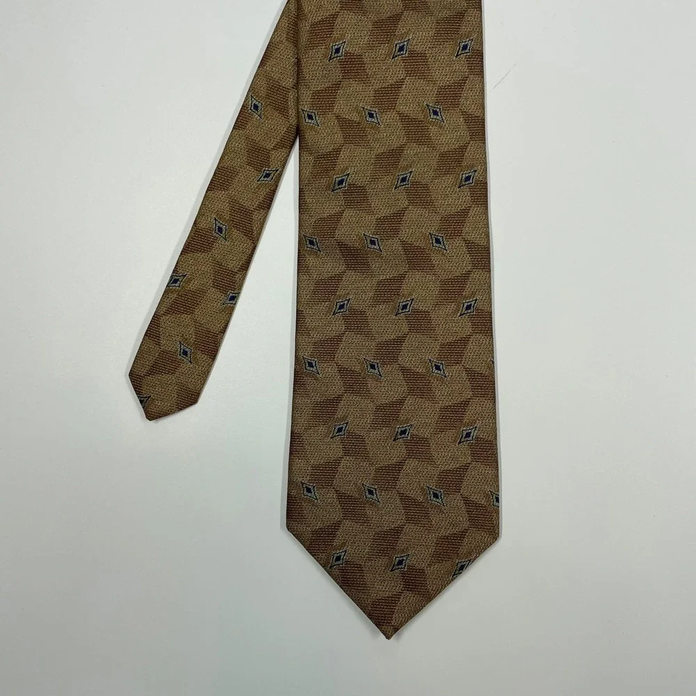 Perry Ellis Brown Geometric Diamond Silk Necktie Mens One Size
